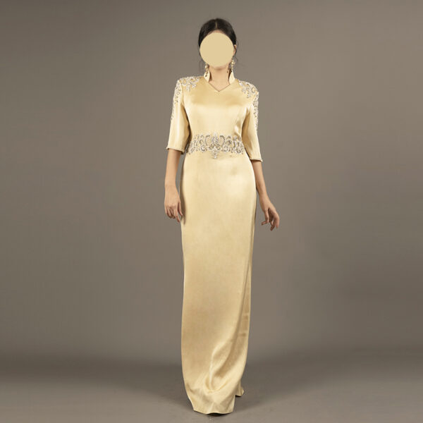 Champagne Gold Evening Gown with Shoulder & Waist Embroidery – Elegant Formal Dress