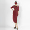 Women's Red Midi Dress with Beaded Floral Embroidery - Elegant Cocktail Event Wear