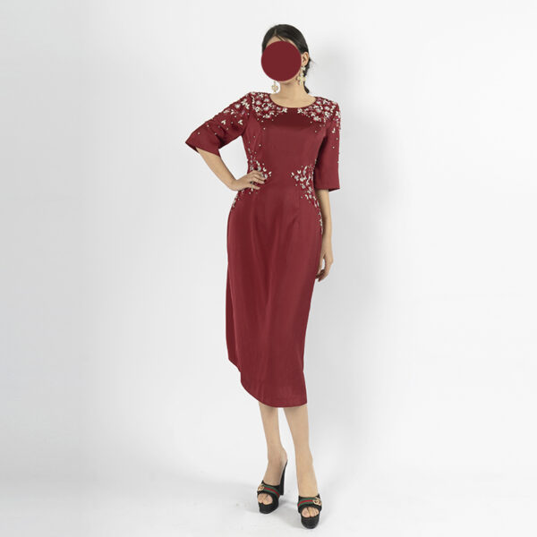 Women's Red Midi Dress with Beaded Floral Embroidery - Elegant Cocktail Event Wear