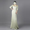 Women's Sage Green Satin Gown with Gold Embroidered Lace - Elegant Formal Evening Dress