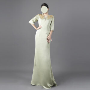Women's Sage Green Satin Gown with Gold Embroidered Lace - Elegant Formal Evening Dress