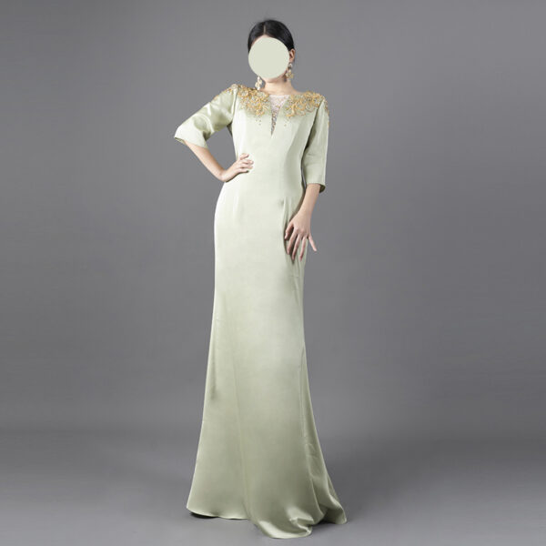 Women's Sage Green Satin Gown with Gold Embroidered Lace - Elegant Formal Evening Dress