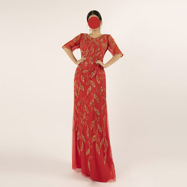 Elegant Red Beaded Mother of the Bride Dress with Half Sleeves — Handcrafted Evening Gown for Formal Occasions