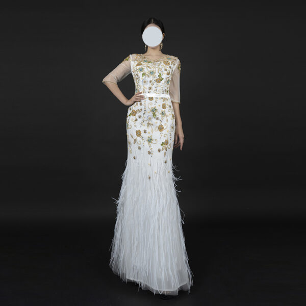 White Feather Mermaid Evening Dress with Floral Embroidery — Elegant Formal Gown for Special Occasions