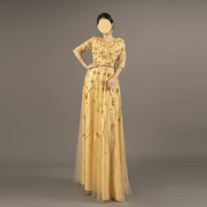 Glamorous Gold Embroidered Tulle Evening Gown - Half Sleeve V-Neck Formal Dress for Prom & Gala Events