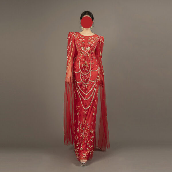 Opulent Red Embroidered Evening Gown with Cape Sleeves - Gold & Rhinestone Embellished Mermaid Formal Dress for Pageant, Gala & Luxury Events