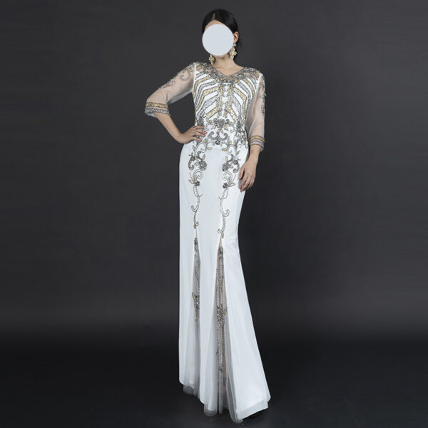 Glamorous White Evening Gown with Silver & Gold Beaded Embroidery - Half Sleeve High-Slit Mermaid Formal Dress for Red Carpet, Gala & Luxury Occasions