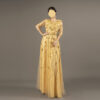 Glamorous Gold Embroidered Tulle Evening Gown - Half Sleeve V-Neck Formal Dress for Prom & Gala Events