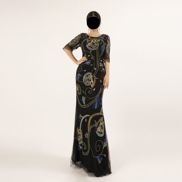 Black Hand-Beaded Evening Gown with Colorful Embroidery – Luxury Mermaid Dress