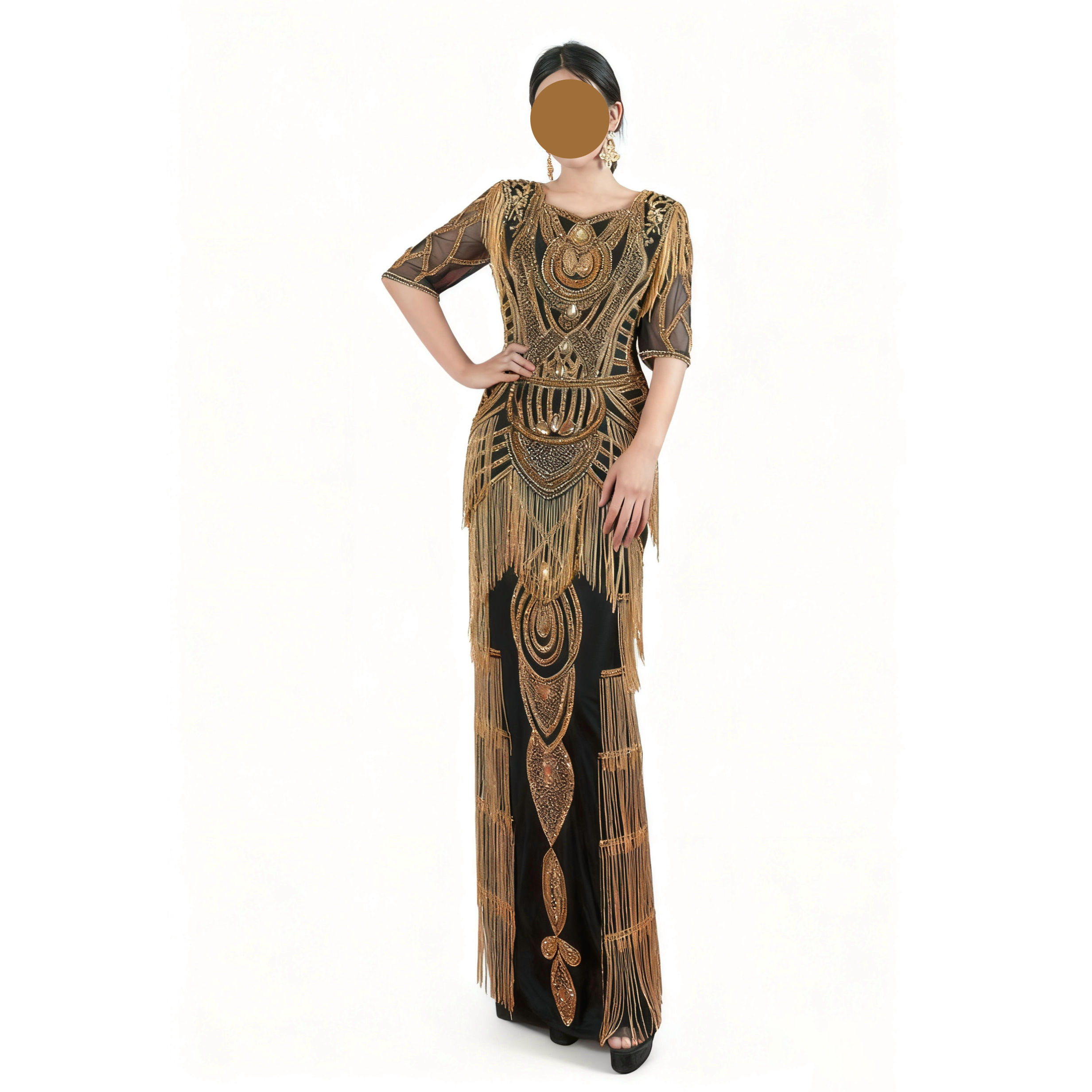 Glamorous Vintage Inspired Black Evening Dress with Gold Sequin Beading and Fringe Details - Maxi Gown for Galas & Parties