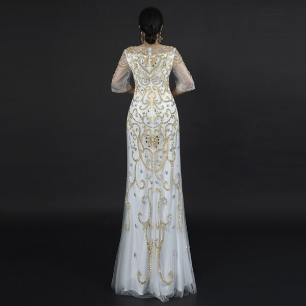 Glamorous White Evening Gown with Gold & Silver Beaded Embroidery - Half Sleeve Mermaid Formal Dress for Gala, Red Carpet & Luxury Occasions