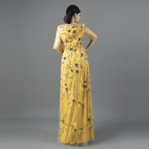 Elegant Yellow Floral Beaded Evening Dress – Half Sleeve Mother of the Bride Gown with 3D Embroidery and Tulle Overlay