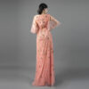 Elegant Coral Pink Evening Gown with Floral Beaded Embroidery - Flutter Sleeve V-Neck Formal Dress for Gala, Wedding & Prom Events