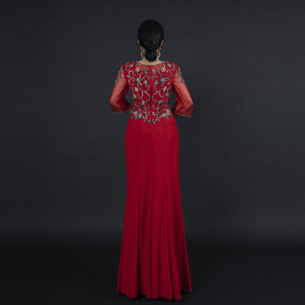Red Beaded Evening Gown for Women – Elegant Split Hem Kaftan Style Dress for Weddings & Special Events