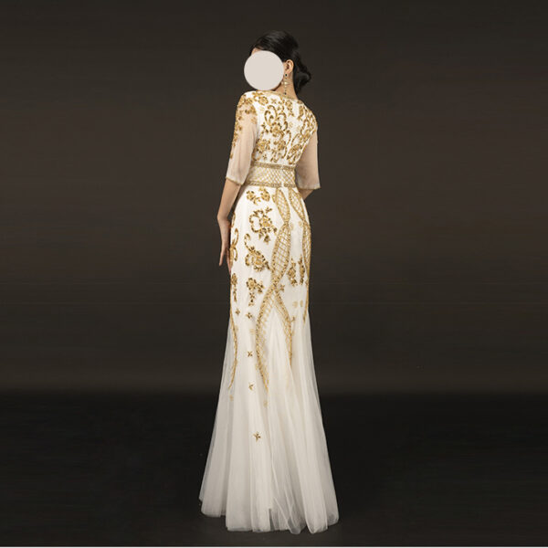 White and Gold Formal Evening Dress with Handmade Embroidery