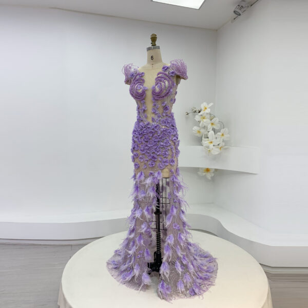 Lavender Couture Evening Gown with 3D Flowers and Feather Details