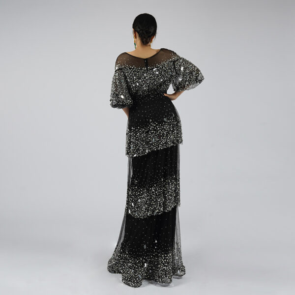 Glamorous Black Silver Sequin Mesh Evening Gown - Half Sleeve Tiered Sparkle Maxi Dress for Formal Events