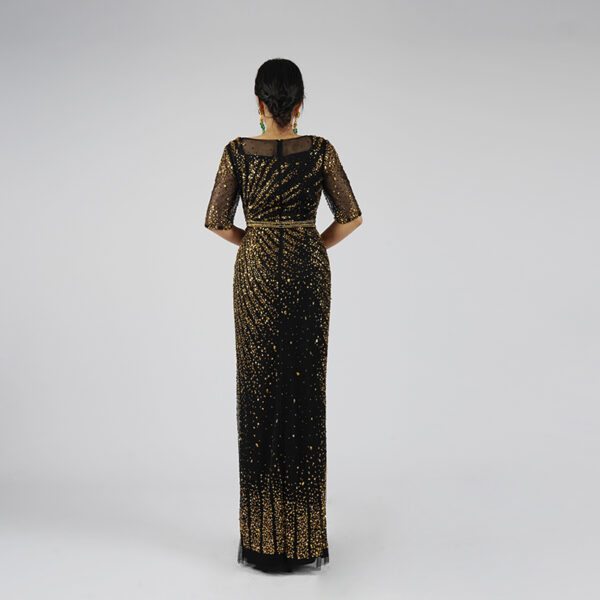 Luxury Black Sequin Gown with Golden Sparkle Design