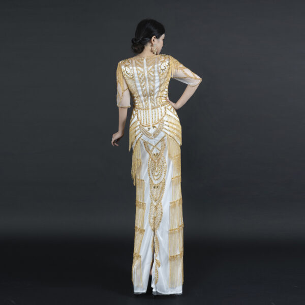 Glamorous Vintage Inspired Black Evening Dress with Gold Sequin Beading and Fringe Details - Maxi Gown for Galas & Parties