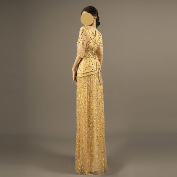 Gold Beaded Evening Gown for Mother of the Bride – Elegant Half Sleeve Formal Dress with Geometric Hand Embroidery