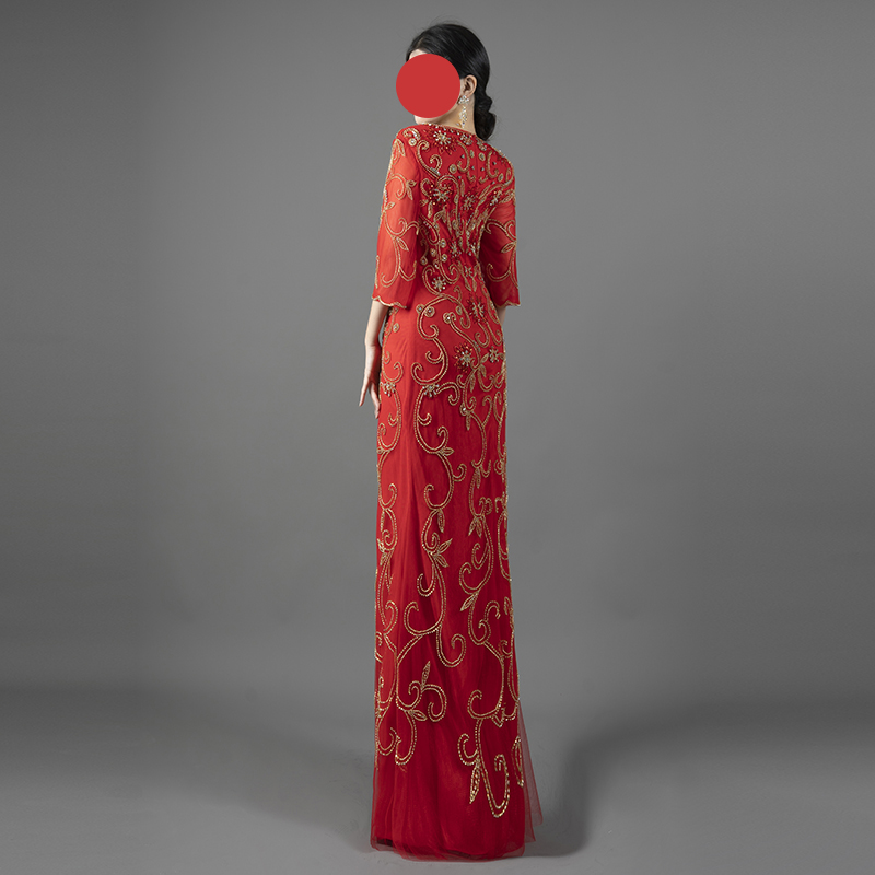 Luxury Red Evening Gown with Gold Floral Embroidery - Half Sleeve V-Neck Formal Dress