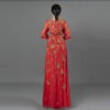 Luxury Red Evening Gown with Multicolor Floral Beaded Embroidery