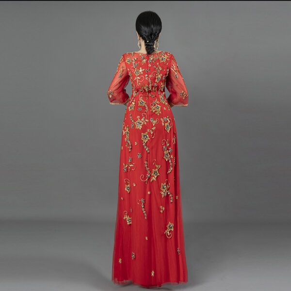 Luxury Red Evening Gown with Multicolor Floral Beaded Embroidery