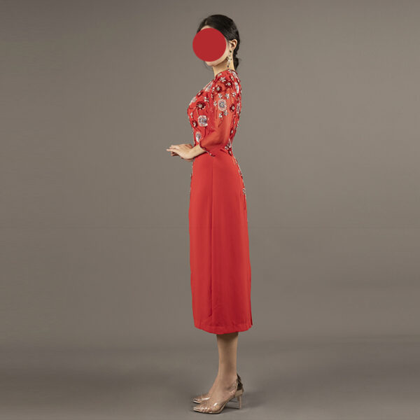 Red Hand-Beaded Cocktail Dress with Floral Embellishments