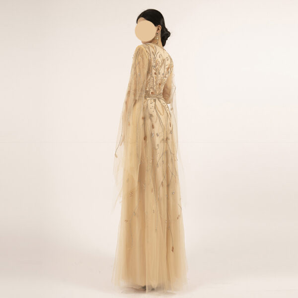 Champagne Beaded Evening Gown with Sheer Cape Sleeves