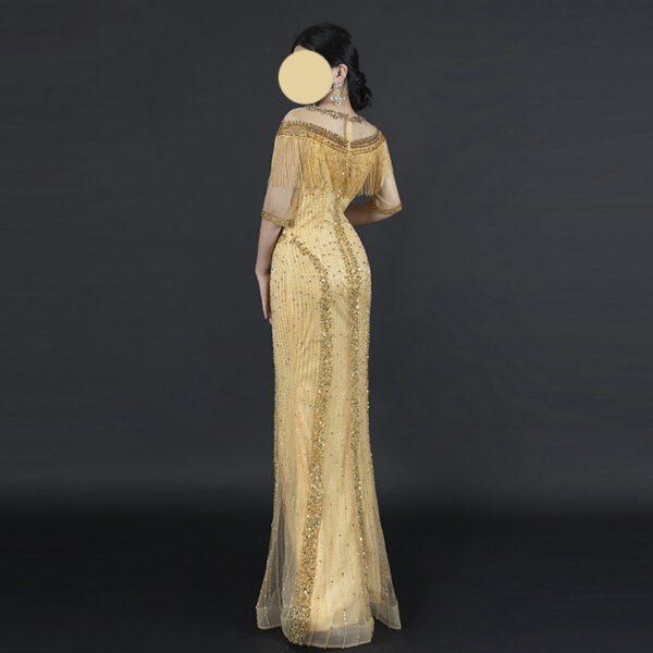 Glamorous Gold Fringe Evening Gown with Sequin Embroidery - Half Sleeve Mermaid Formal Dress for Gala
