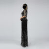 Black Sequin Evening Gown with Elegant Leaf Pattern and Sheer Sleeves