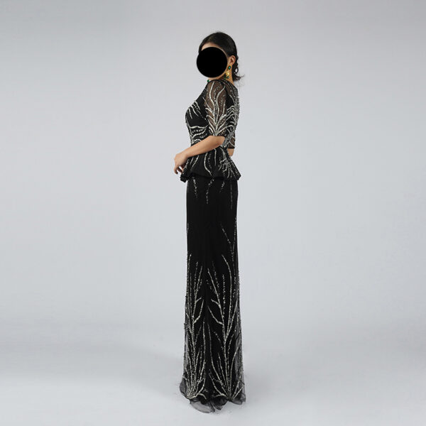 Black Sequin Evening Gown with Elegant Leaf Pattern and Sheer Sleeves