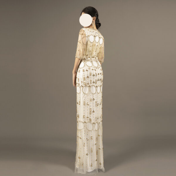 Luxury Gold Hand Beaded Evening Dress – Long Gown with Tassel Sleeves for Gala or Event