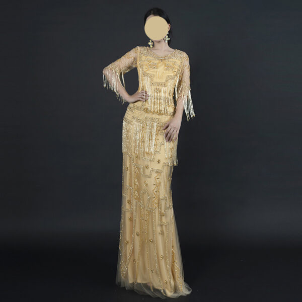 Roaring 20s Gold Fringe Evening Gown – Art Deco Beaded Flapper Dress with Tassel Sleeves for Gatsby Theme, Gala & Vintage Events