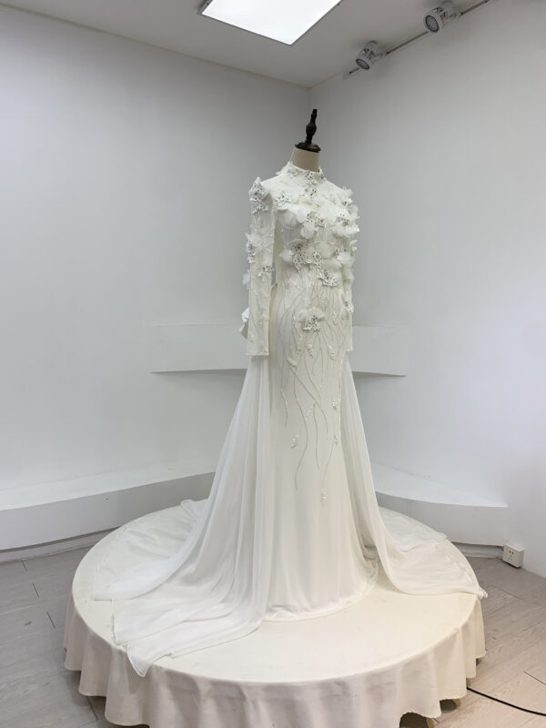 Exquisite High Neck 3D Floral Embellished White Gown with Long Train