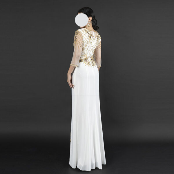 White Gold Beaded Evening Gown – Elegant Kaftan Style Formal Dress with Sheer Sleeves & Front Slit
