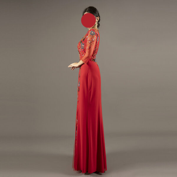 Red Beaded Evening Gown – Elegant Formal Dress with Sheer Sleeves & Front Slits for Weddings & Parties