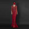 Women's Red Beaded Embroidered Evening Gown - V-Neck Mermaid Formal Dress with Side Slit