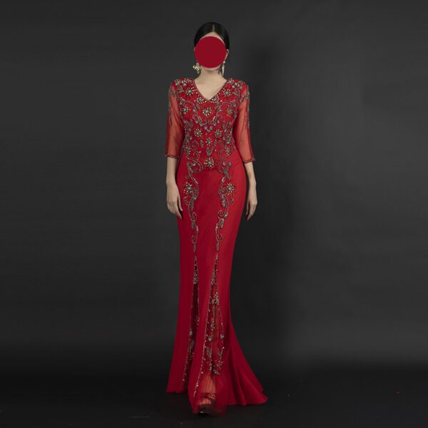 Women's Red Beaded Embroidered Evening Gown - V-Neck Mermaid Formal Dress with Side Slit
