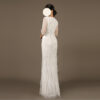 Women White Feather Beaded Evening Dress Sheer Embellished Formal Gown with Feather Hem