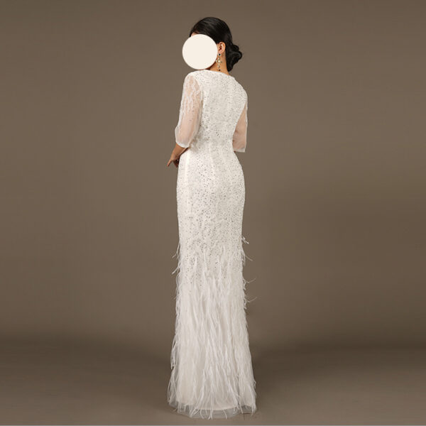 Women White Feather Beaded Evening Dress Sheer Embellished Formal Gown with Feather Hem