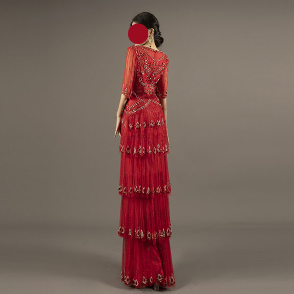 Vintage-Inspired Red Beaded Evening Gown with Tiered Fringe & Half Sleeves - Rhinestone Embellished Formal Dress for Roaring 20s Theme, Gala & Prom Events