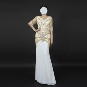 Figure-Flattering White Gown with Royal Gold Beaded Patterns