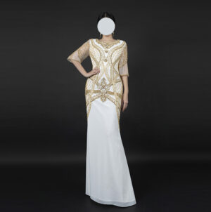 Figure-Flattering White Gown with Royal Gold Beaded Patterns