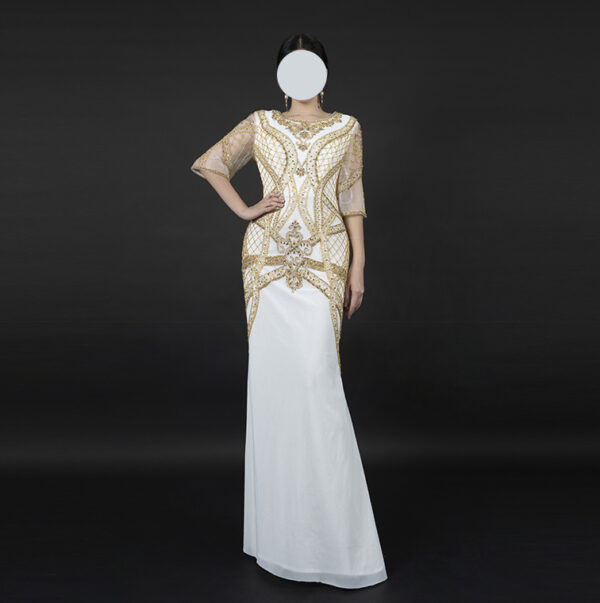 Figure-Flattering White Gown with Royal Gold Beaded Patterns