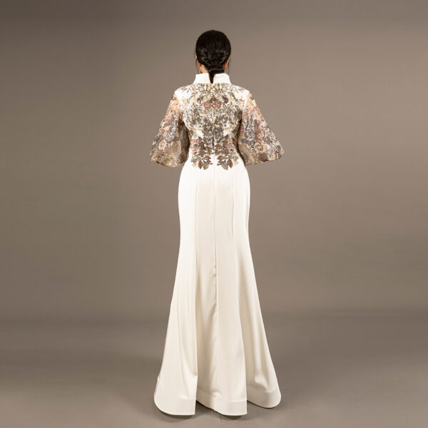 White Evening Gown with Embroidered Puff Sleeves – Elegant Couture Dress