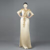 Champagne Gold Evening Gown with Hand-Beaded Leaf Appliqué