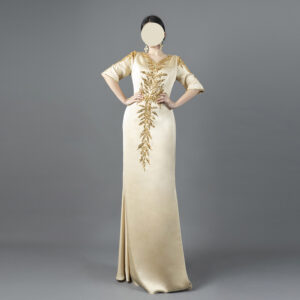 Champagne Gold Evening Gown with Hand-Beaded Leaf Appliqué