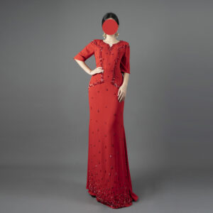 Red Beaded Evening Gown with Handcrafted Embellishments