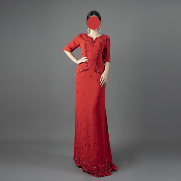 Red Beaded Evening Gown with Handcrafted Embellishments